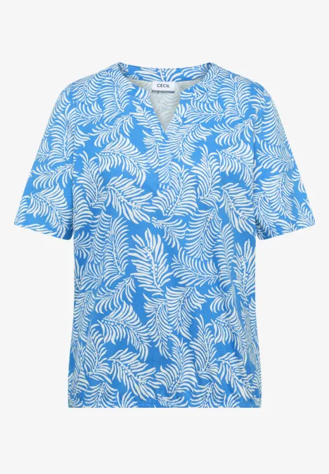 Shirt met gespleten hals en print ethereal blue Losvallend blauw T-shirt met korte mouwen, wit bladprint en V-hals.