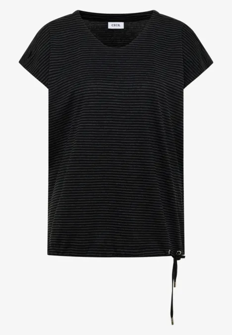 Zwart T-shirt met korte mouwen, fijne horizontale strepen en een aansnoerkoord aan de zijkant.