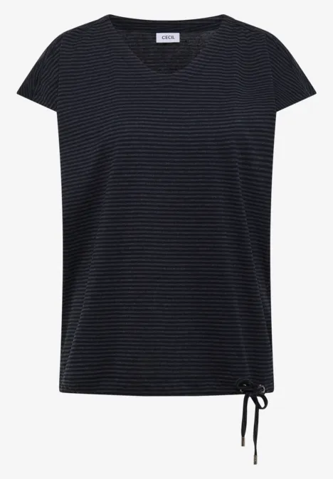 Schwarzes kurzärmeliges T-Shirt mit feinen Streifen und seitlicher Kordel am Saum.