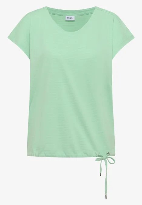 Hellgrünes Damen-T-Shirt mit kurzen Ärmeln, Rundhalsausschnitt und Kordelzug am Saum.