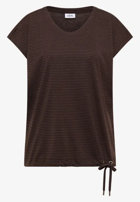 Braunes, kurzärmeliges Shirt mit feinen Streifen, Rundhalsausschnitt und seitlicher Zierschleife am Saum.