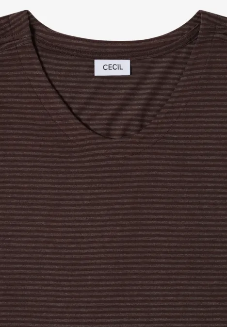 Bruin T-shirt met fijne zwarte horizontale strepen en ronde hals van het merk Cecil