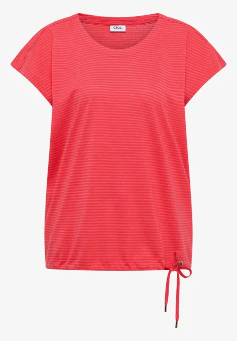 Rotes Damen-T-Shirt mit feinen Streifen, kurzen Ärmeln und seitlicher Kordel zum Binden.
