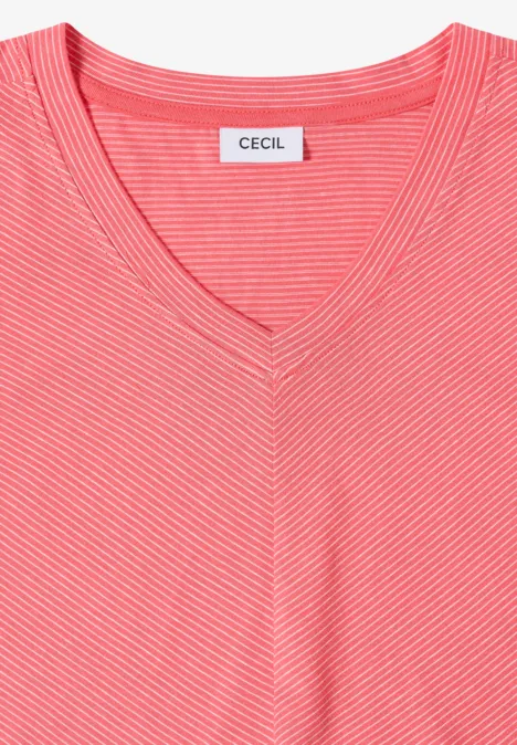 Top mit V-Neck und Streifen coral Korallfarbenes Damen-T-Shirt mit feinen weißen Streifen und V-Ausschnitt von CECIL.
