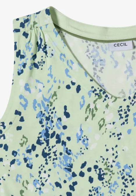 Ärmelloses Damen-Top in Lindgrün mit abstraktem blau-grünem Fleckenmuster und V-Ausschnitt.