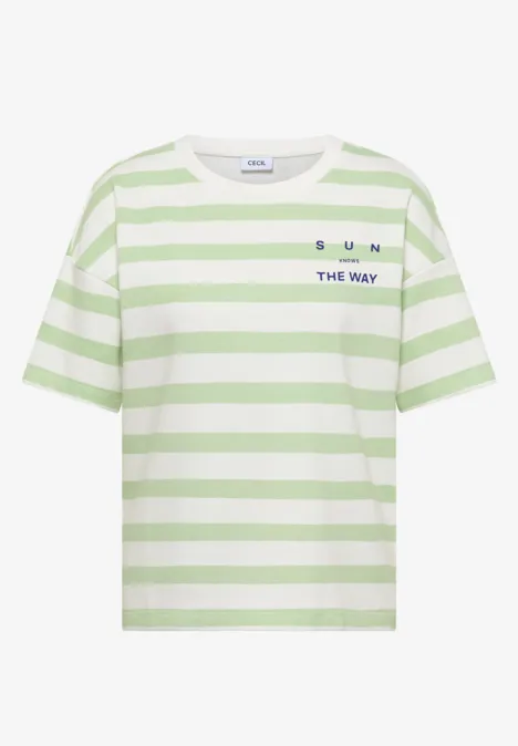 T-shirt met groene en witte strepen, korte mouwen, opdruk 'SUN' en 'THE BAY' op de borst.