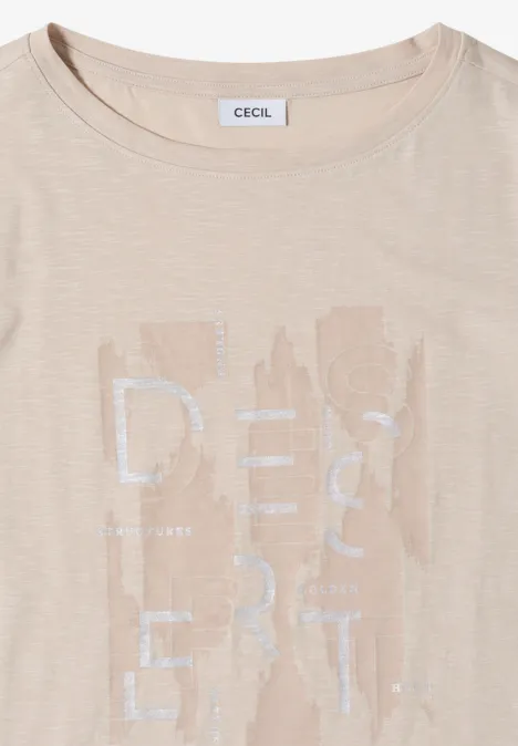 Beiges Damen-T-Shirt mit weißem abstraktem Print und Rundhalsausschnitt.