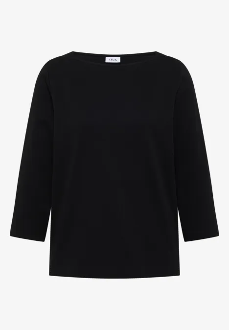 Schwarzes, schlichtes Damen-Shirt mit 3/4-Ärmeln und rundem Ausschnitt.