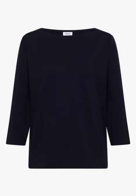 Schlichtes, dunkelblaues Damen-Shirt mit Rundhalsausschnitt und 3/4-Ärmeln