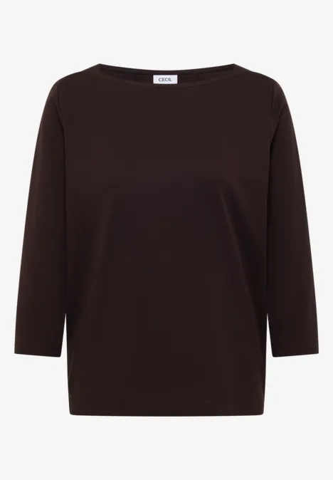 Ein schlichtes, dunkelbraunes Langarmshirt mit rundem Ausschnitt.