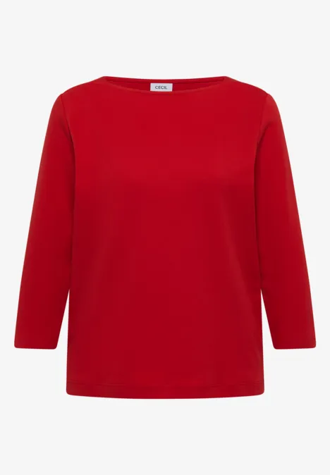 Ein rotes Langarmshirt mit rundem Ausschnitt, schlicht und klassisch.