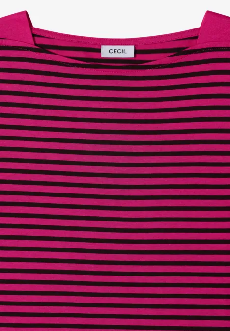 3/4-Arm Shirt mit Boat Neck und Streifen pink flash Rosa-schwarzes, horizontal gestreiftes T-Shirt mit weitem Ausschnitt und CECIL-Label am Kragen.