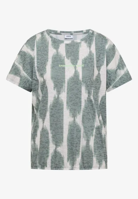 T-shirt effet délavé avec inscription deep matcha green T-shirt manches courtes avec motif abstrait de coups de pinceau gris-vert sur fond blanc