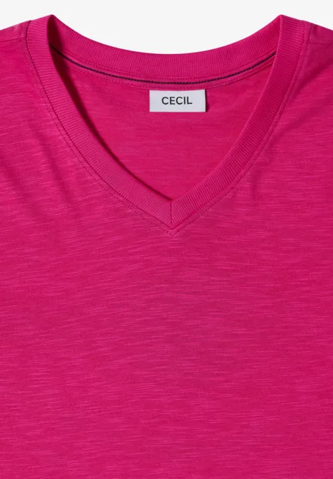 3/4-Arm Shirt in Unifarbe mit V-Neck pink flash Ein pinkes V-Neck-Shirt der Marke CECIL.