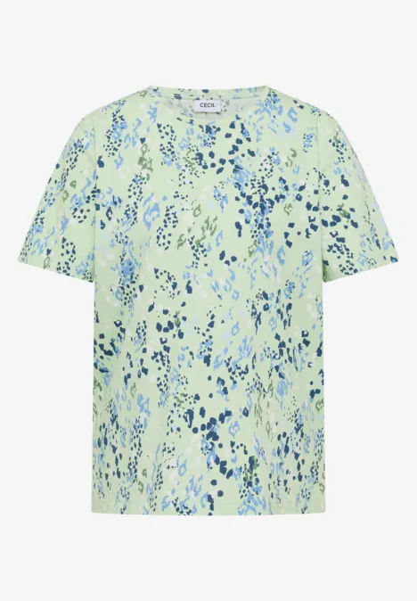 T-Shirt mit Rundhals und Print raw matcha lime Hellgrünes T-Shirt mit blauem Blumenmuster