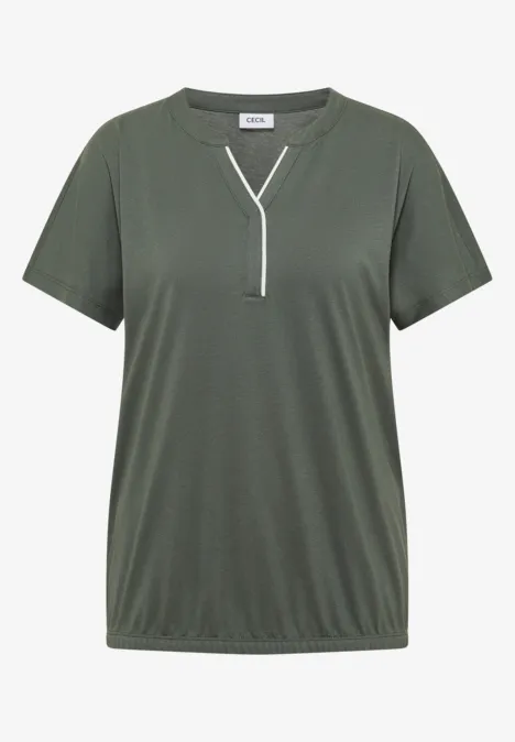 T-Shirt mit Split Neck in Unifarbe dried olive green Schlichtes olivgrünes Damen-T-Shirt mit kurzem Arm, V-Ausschnitt mit weißem Besatz und elastischem Saum.