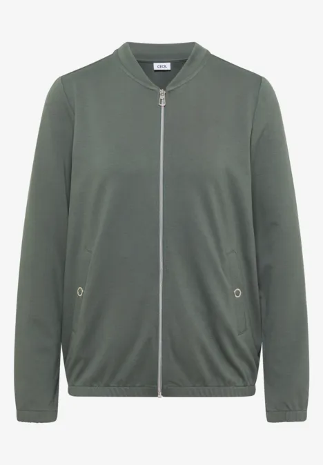 Olivegrüne Bomberjacke mit durchgehendem Reißverschluss und Seitentaschen.
