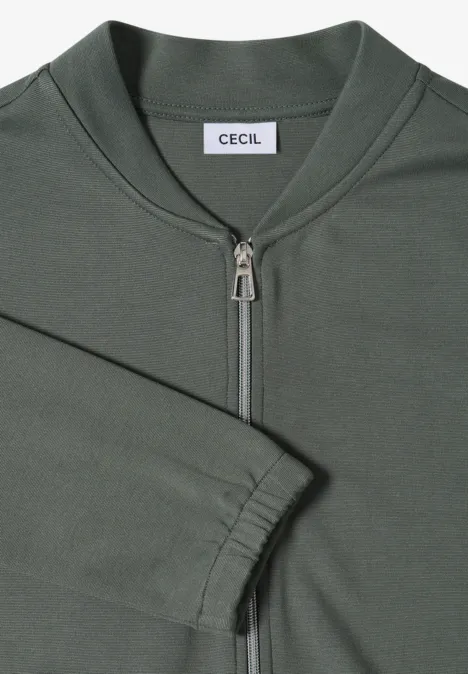 Olivegrünes Sweatshirt mit kurzem Reißverschluss, elastischen Bündchen und schlichtem Design.