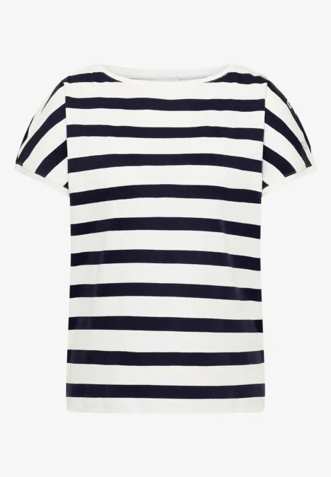 T-shirt à encolure bateau et boutons décoratifs urban dark blue T-shirt blanc à rayures horizontales noires et manches courtes.