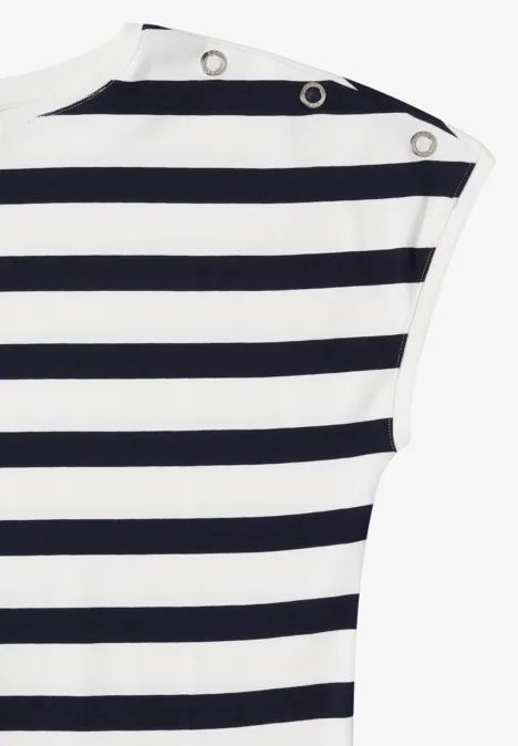T-shirt à encolure bateau et boutons décoratifs urban dark blue Haut sans manches à rayures horizontales bleu marine et blanches avec boutons argentés à l’épaule.