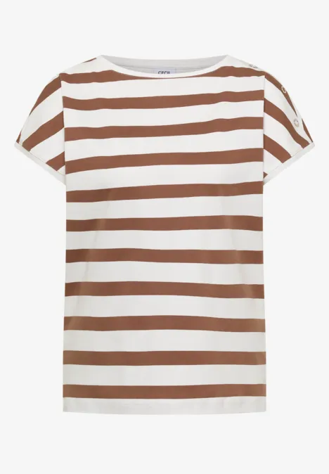 T-shirt à encolure bateau et boutons décoratifs creamy mocha T-shirt à rayures marron et blanc.