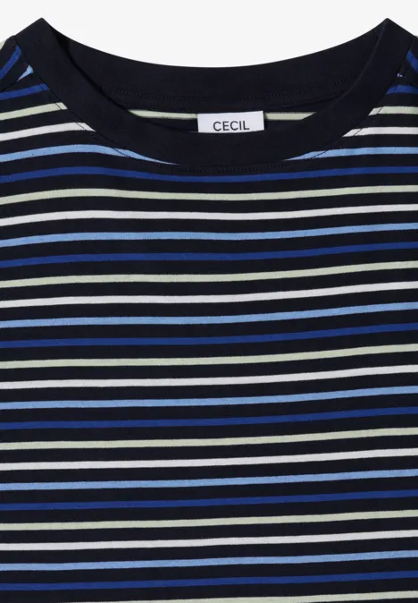 Schwarz-blau-weiß gestreiftes Rundhalsshirt mit Cecil-Label.