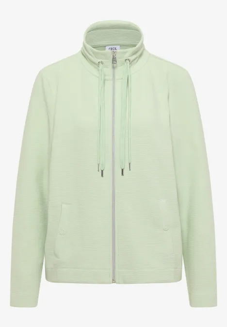 Hellgrüne Sweatjacke mit Reißverschluss, Stehkragen und Kordelzug.
