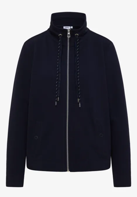 Dunkelblaue Bomberjacke mit Reißverschluss, hohem Kragen und Kordelzug