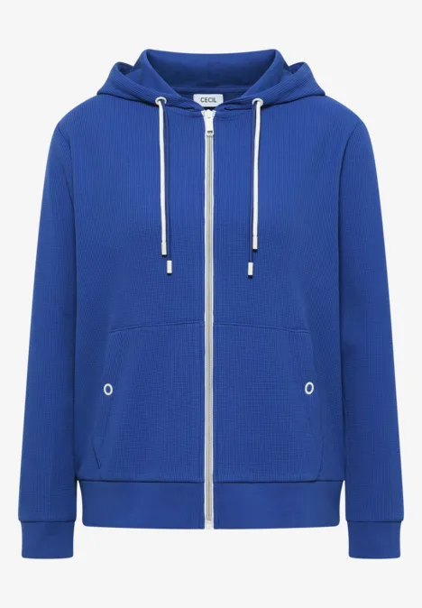 Niebieska bluza z kapturem na suwak, kieszenie kangurze i ściągacz, prosty design.