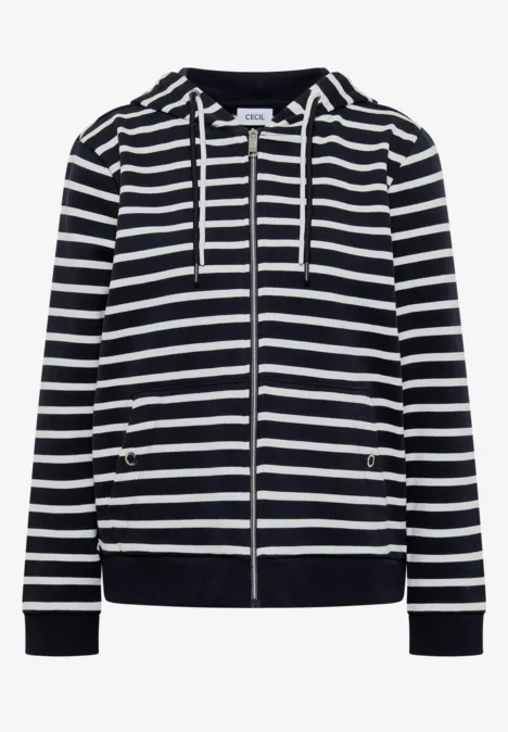 Navyblauwe capuchontrui met witte strepen, ritssluiting, aantreklinten en zakken.