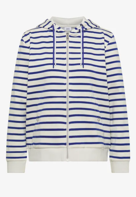Witte hoodie met blauwe horizontale strepen, ritssluiting en capuchon met koord.