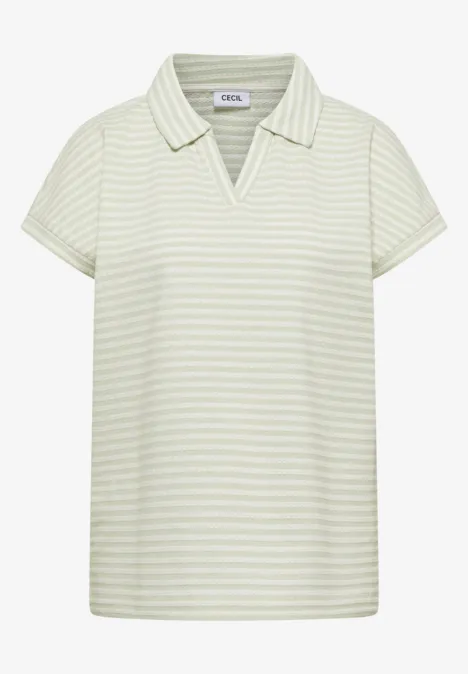 Poloshirt met korte mouwen en gestreept patroon raw matcha lime Wit-grijs gestreept poloshirt met korte mouwen, V-hals en kraag, losse pasvorm.