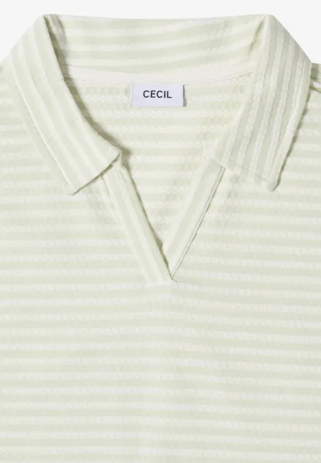 Poloshirt met korte mouwen en gestreept patroon raw matcha lime Lichtgroene polo met witte strepen, V-hals en 'CECIL'-label.