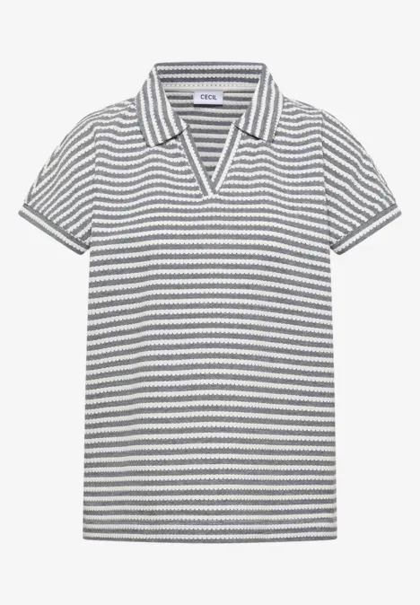 Gestreiftes kurzärmeliges Poloshirt mit V-Ausschnitt und Kragen in Blau und Weiß.