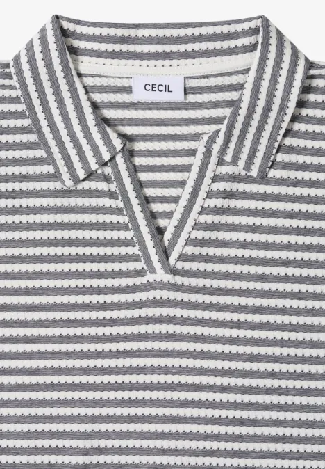 Grau-weiß gestreiftes Kurzarm-Strickshirt mit V-Ausschnitt und Polokragen von CECIL.