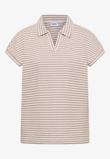 Poloshirt met korte mouwen en gestreept patroon creamy mocha Kort mouw polo met beige-witte strepen en V-hals.