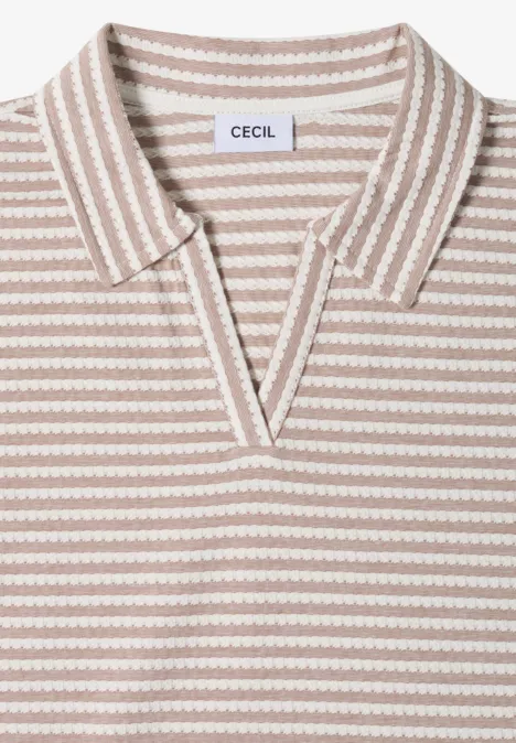 Poloshirt met korte mouwen en gestreept patroon creamy mocha Beige-wit gestreept tricotshirt met polokraag en V-hals.