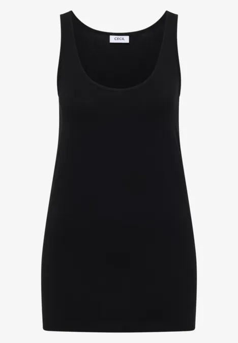 Un débardeur noir uni pour femme, à larges bretelles et col rond, coupe ajustée.
