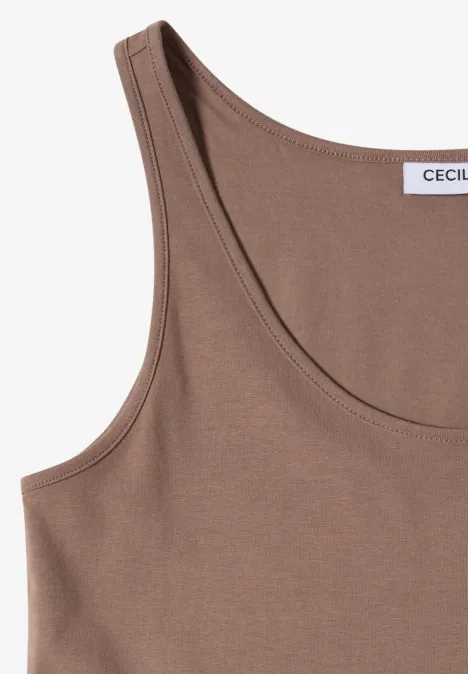 Top marron sans manches avec encolure ronde.