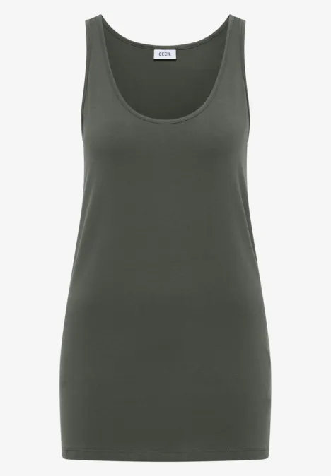 Olivgrünes, ärmelloses Tanktop mit rundem Ausschnitt.