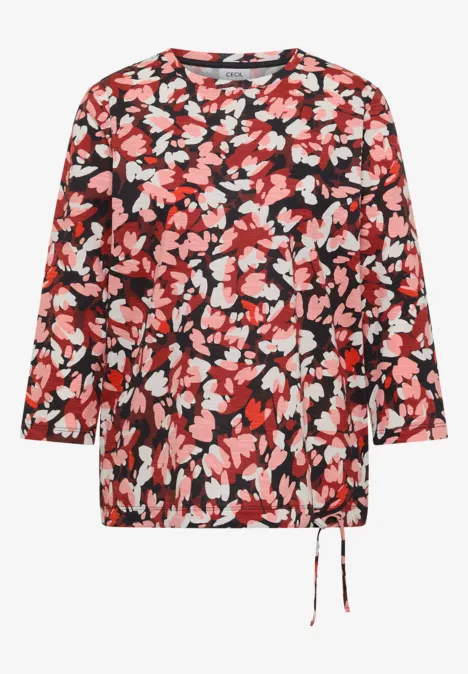 Schwarze Damenbluse mit buntem Blumenmuster, 3/4-Ärmeln und seitlicher Kordel.