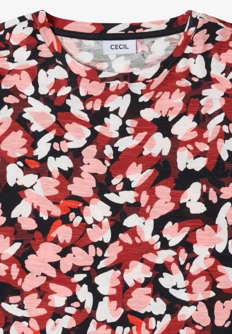 Schwarzes Kurzarmshirt mit abstraktem Muster aus rosa, roten und weißen Blüten, Marke CECIL.