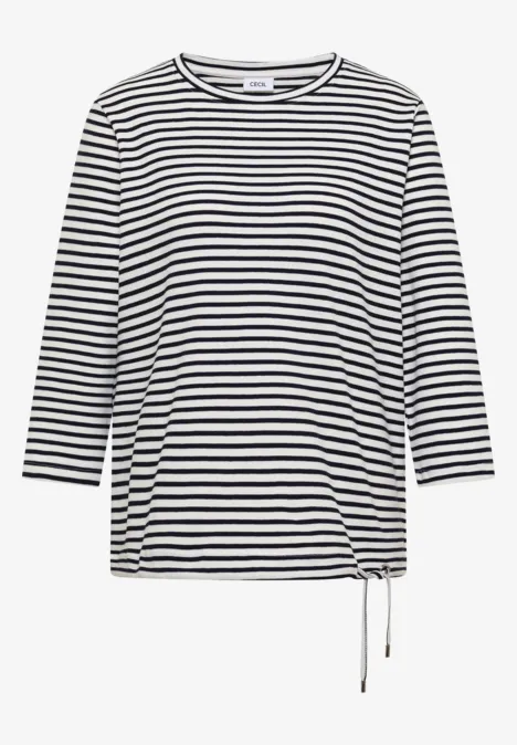 Schwarz-weiß gestreiftes Langarmshirt mit seitlicher Kordel zum Zuziehen.