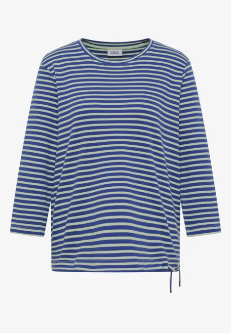 Blau-weiß gestreiftes Langarmshirt mit rundem Halsausschnitt und seitlicher Kordel am Saum.