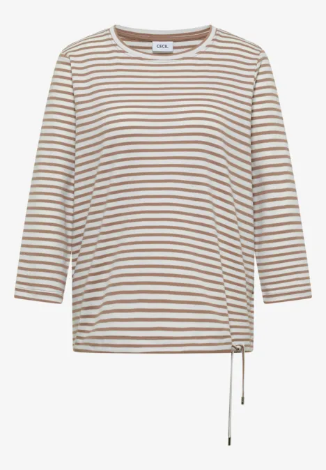 Beige-weiß gestreiftes Langarmshirt mit seitlicher Kordelzugraffung am Saum.