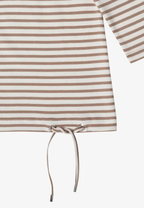Gestreiftes Langarmshirt in Beige und Weiß mit Tunnelzug und Kordel am Saum.