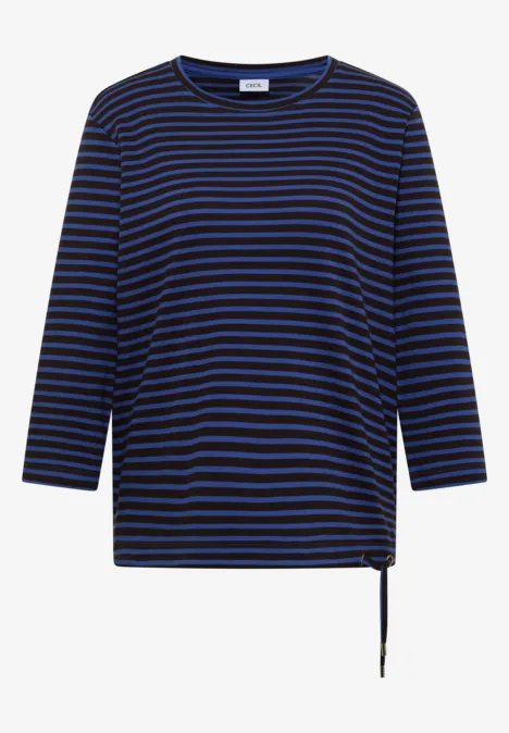 3/4-ärmeliges gestreiftes Shirt in Dunkelblau und Schwarz mit seitlicher Schnürung.