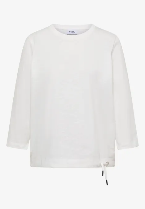 T-shirt manches longues blanc avec encolure ronde et cordon de serrage réglable en bas.