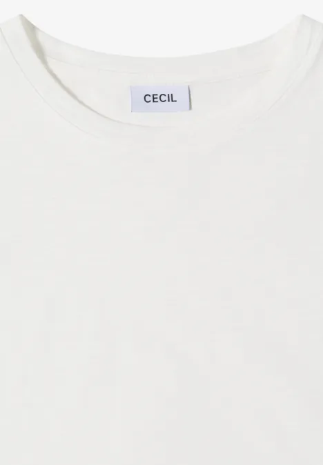 T-shirt blanc simple à col rond avec étiquette 'CECIL'.