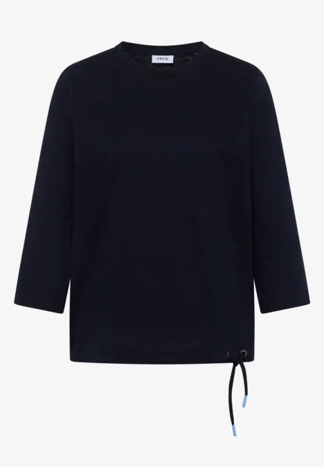 T-shirt noir à manches 3/4 avec lien coulissant latéral au bas.